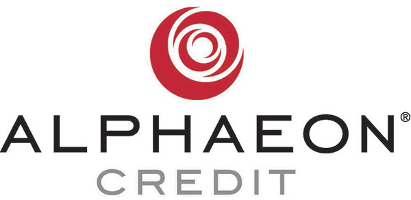 The image is a logo for 'Alphaeon Credit,' featuring a red circular emblem with a white star and the company's name in white text.