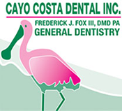 The image is a logo for 'Cayo Costa Dental Inc.' featuring a stylized flamingo and text.