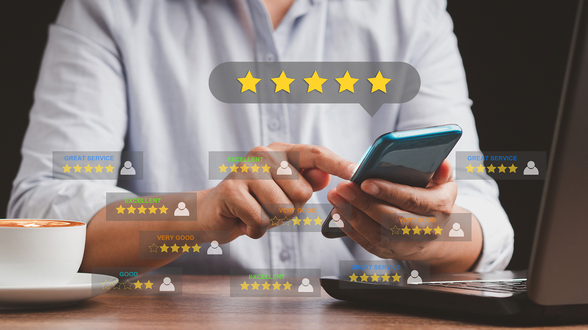 The image shows a person using a smartphone with a visible screen displaying multiple social media icons, and an overlay of various digital ratings or reviews, suggesting the person is managing or engaged in reviewing or rating services or products.