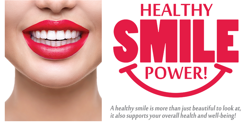 The image features a close-up of a person's face with red lipstick and a logo overlay that reads 'HEALTHY SMILE POWER' in capital letters.